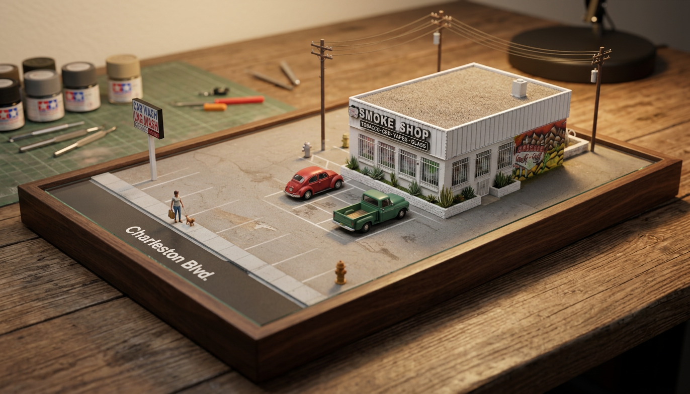 Miniature diorama model of the Smoke N' Stuff storefront.