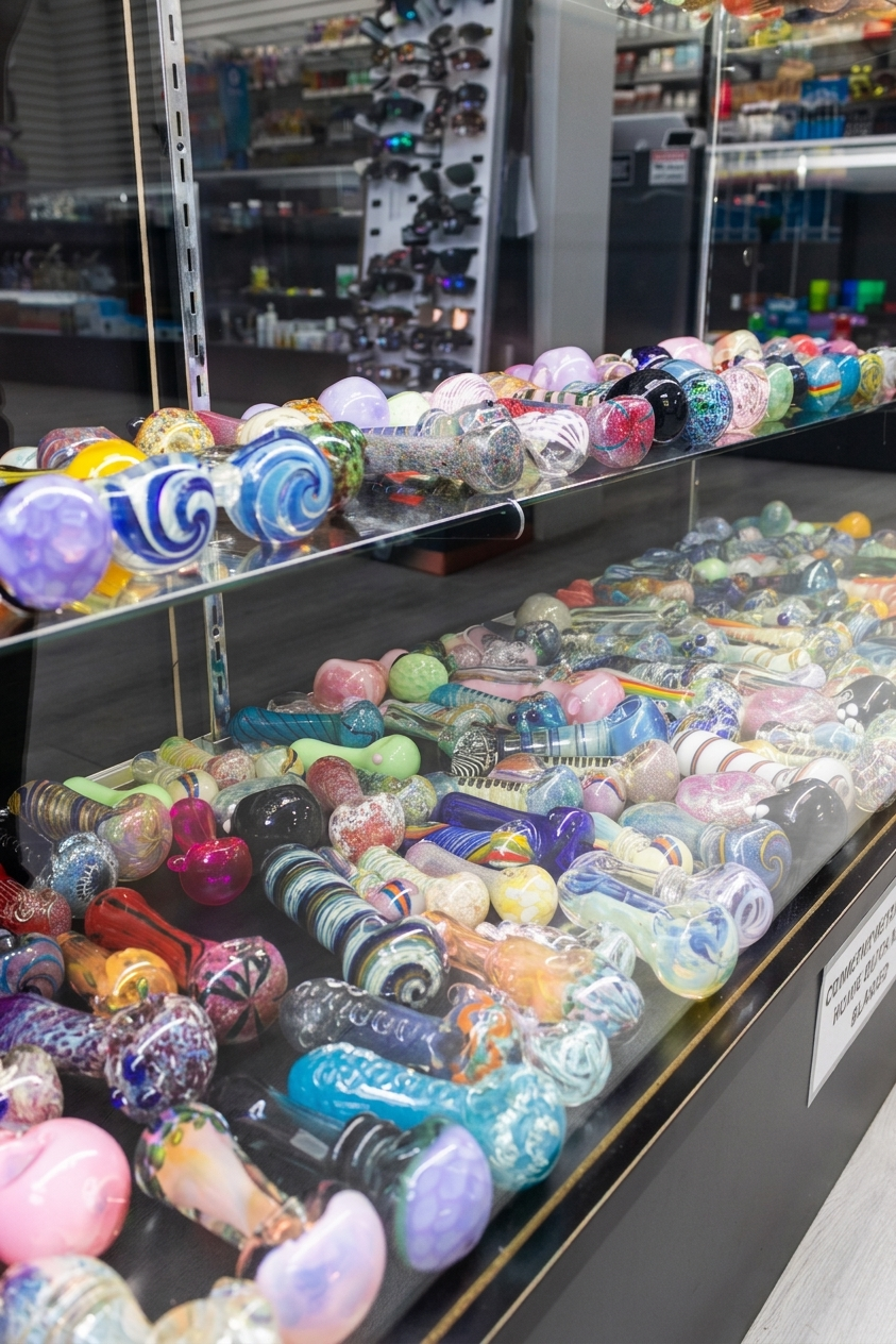Case of colorful hand-blown glass pipes on display at Smoke N' Stuff.