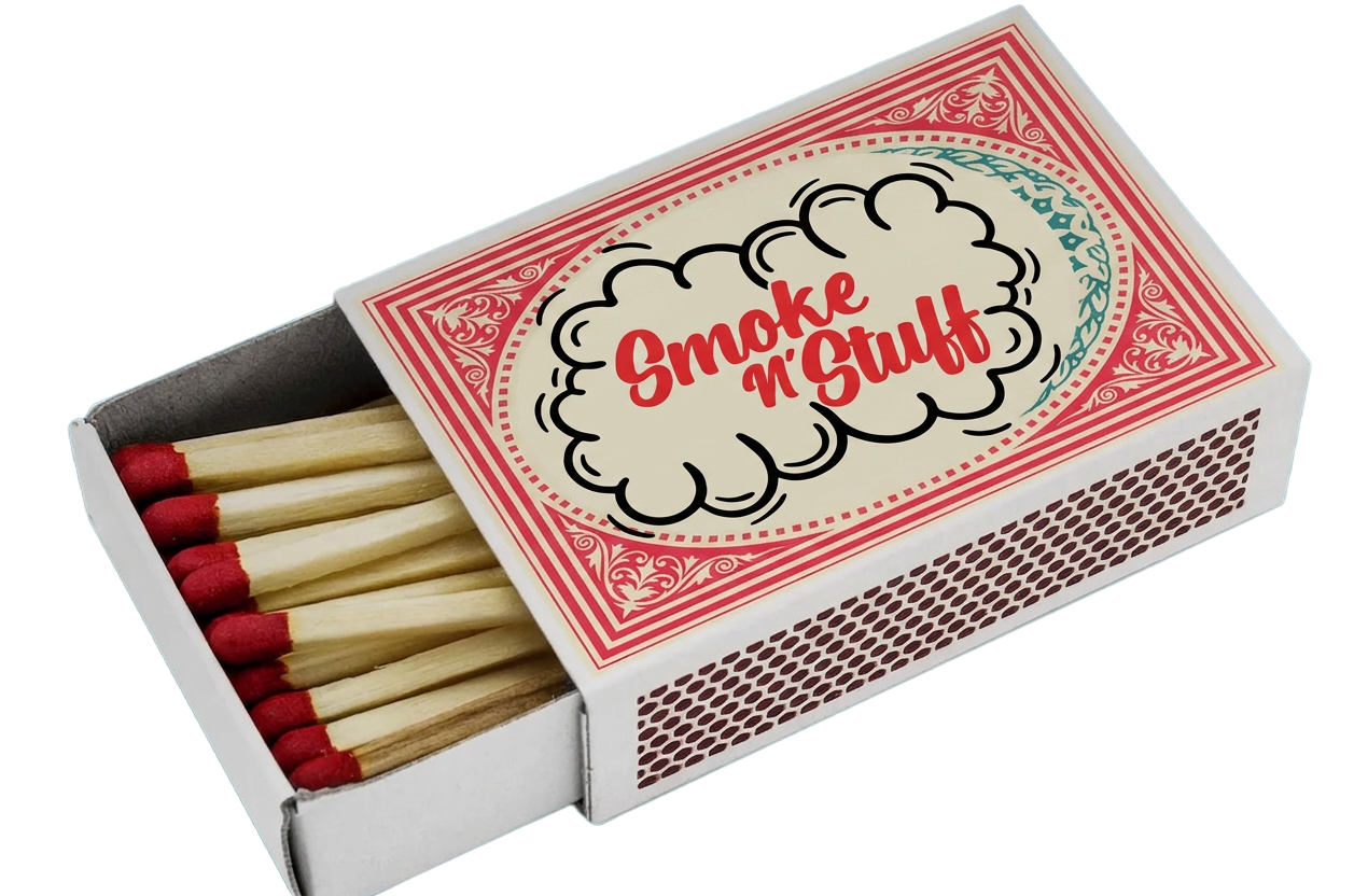 Branded Smoke n' Stuff matchbox with a vintage red and cream border.